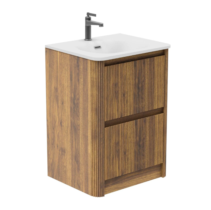 Jack 600mm Ribbed Floorstanding Vanity Unit with Drawers in Walnut with Matt White basin N24