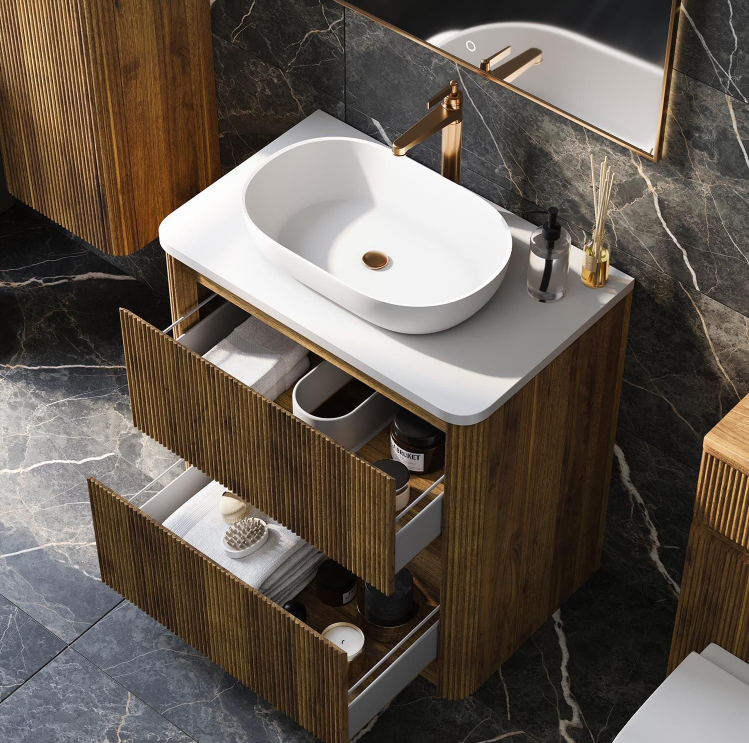 Jack 800mm Ribbed Floorstanding Vanity Unit with Drawers in Walnut with White Worktop N24