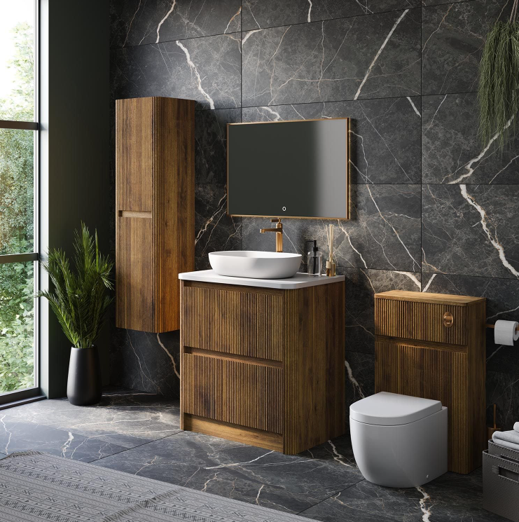 Jack 800mm Ribbed Floorstanding Vanity Unit with Drawers in Walnut with White Worktop N24