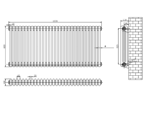 Nevada White Triple Horizontal Column Radiator - 600x1370mm