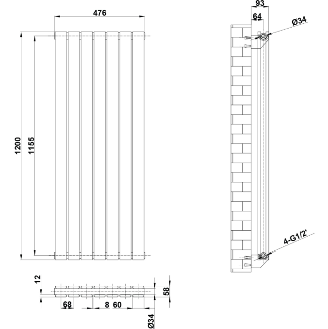 Michigan Grey Double Vertical Flat Panel Radiator - 1200x476mm