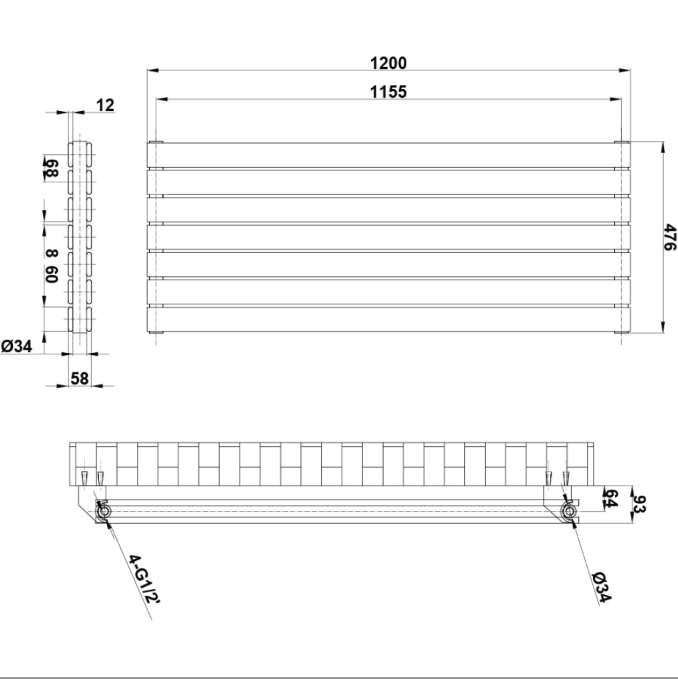 Michigan White Double Horizontal Flat Panel Radiator - 476x1200mm