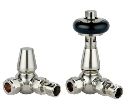 Wooden Head Corner Pair of Radiator Valves - Satin Nickel N24
