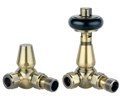 Wooden Head Corner Pair of Radiator Valves - Antique Brass N24