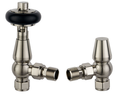 Wooden Head Angled Pair of Radiator Valves - Satin Nickel N24