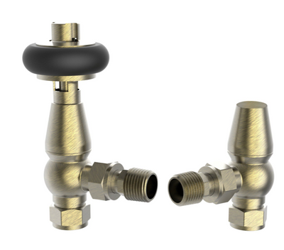 Wooden Head Angled Pair of Radiator Valves - Antique Brass N24