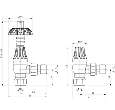 Metal Head Angled Pair of Radiator Valves - Satin Nickel N24