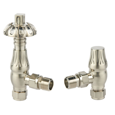 Metal Head Angled Pair of Radiator Valves - Satin Nickel N24