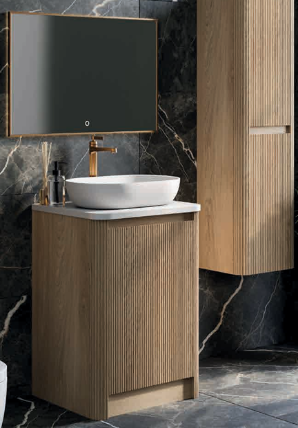 Jack 1000mm Ribbed Floorstanding Vanity Unit with Doors in Natural Oak with Black Worktop N24