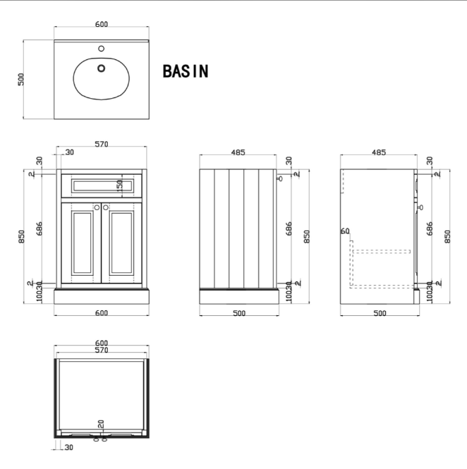 Louise 600mm Vanity Unit in Matt White with Marble Top and Ceramic Basin