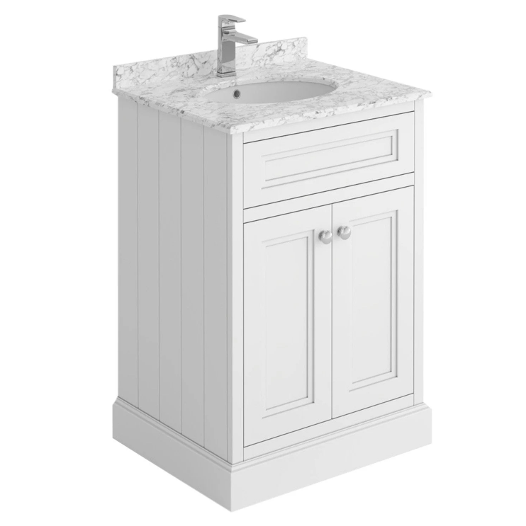 Louise 600mm Vanity Unit in Matt White with Marble Top and Ceramic Basin