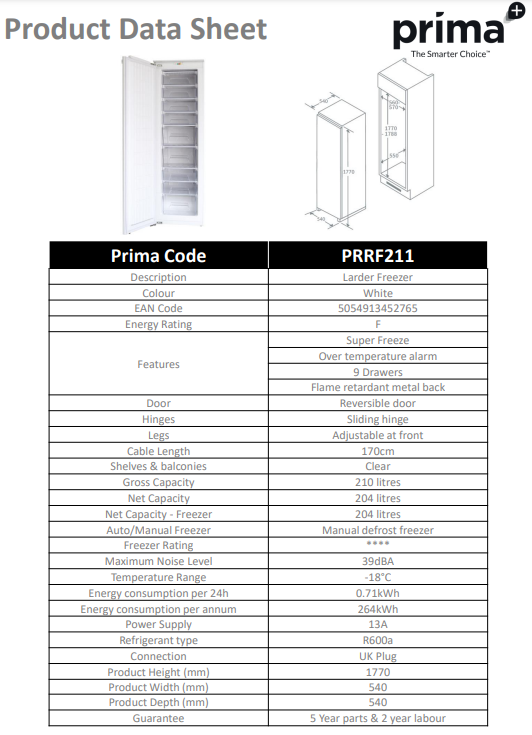 Prima BUILT-IN LARDER FREEZER PRRF211