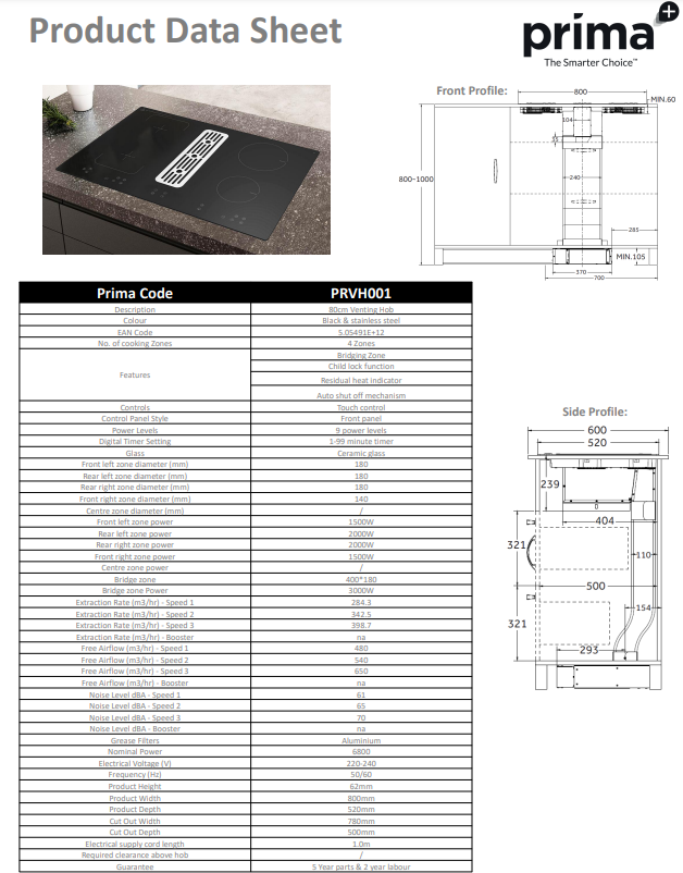 PRIMA+ 80CM VENTING INDUCTION HOB PRVH001