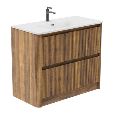 Jack 1000mm Ribbed Floorstanding Vanity Unit with Drawers in Walnut with Gloss White Ceramic Basin N24