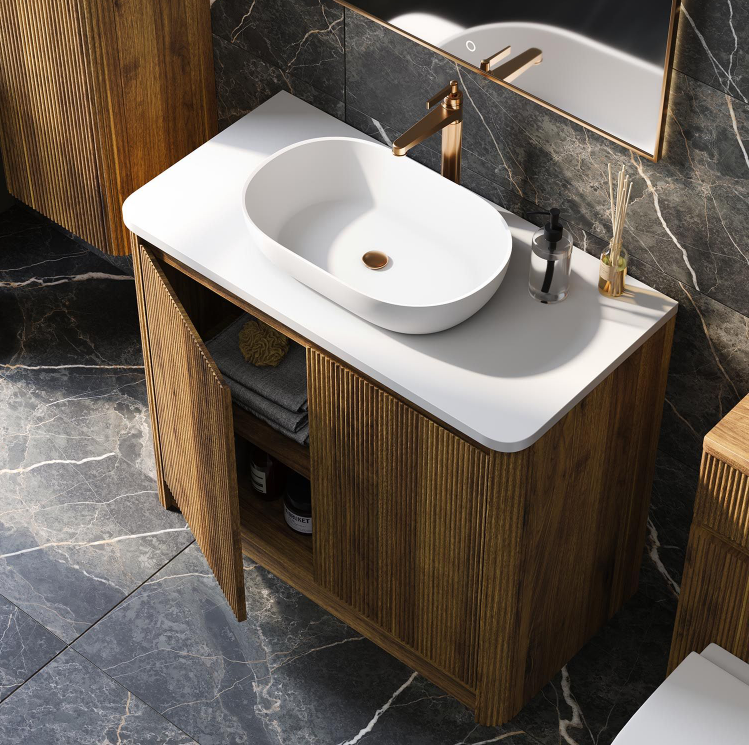 Jack 1000mm Ribbed Floorstanding Vanity Unit with Doors in Walnut with Black Worktop N24