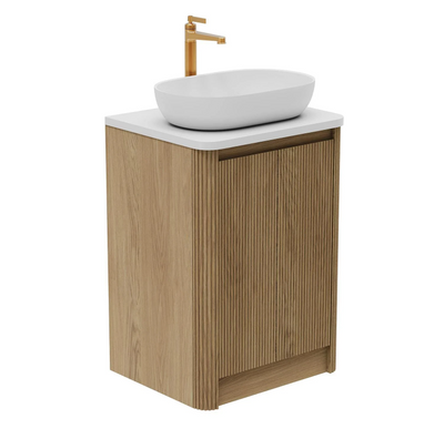 Jack 600mm Ribbed Floorstanding Vanity Unit with Doors in Natural Oak with White Worktop N24