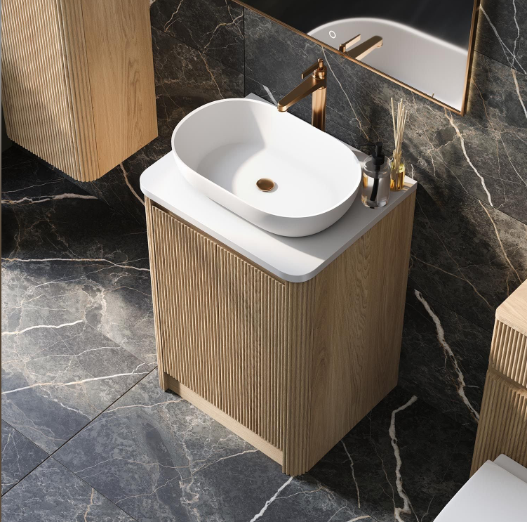 Jack 600mm Ribbed Floorstanding Vanity Unit with Doors in Natural Oak with White Worktop N24