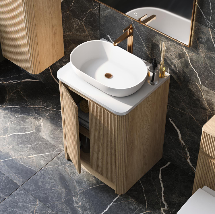 Jack 600mm Ribbed Floorstanding Vanity Unit with Doors in Natural Oak with White Worktop N24