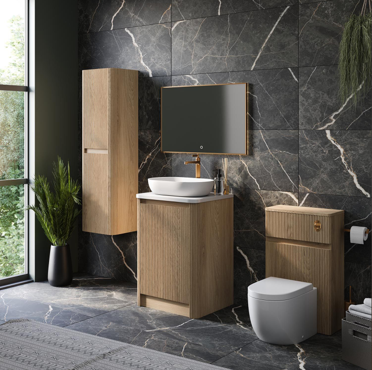 Jack 600mm Ribbed Floorstanding Vanity Unit with Doors in Natural Oak with White Worktop N24