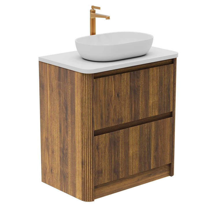 Jack 800mm Ribbed Floorstanding Vanity Unit with Drawers in Walnut with White Worktop N24