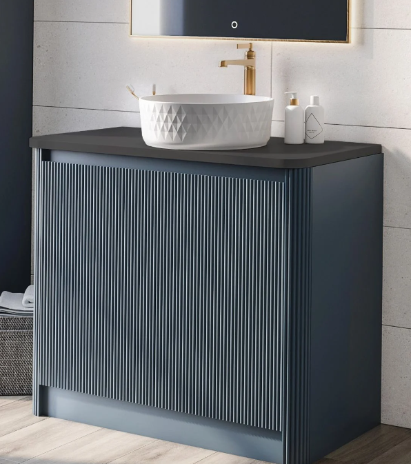Jack 1000mm Ribbed Floorstanding Vanity Unit with Doors in Charcoal with Black Worktop N23