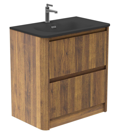 Jack 800mm Ribbed Floorstanding Vanity Unit with Doors in Walnut with Black Worktop N24