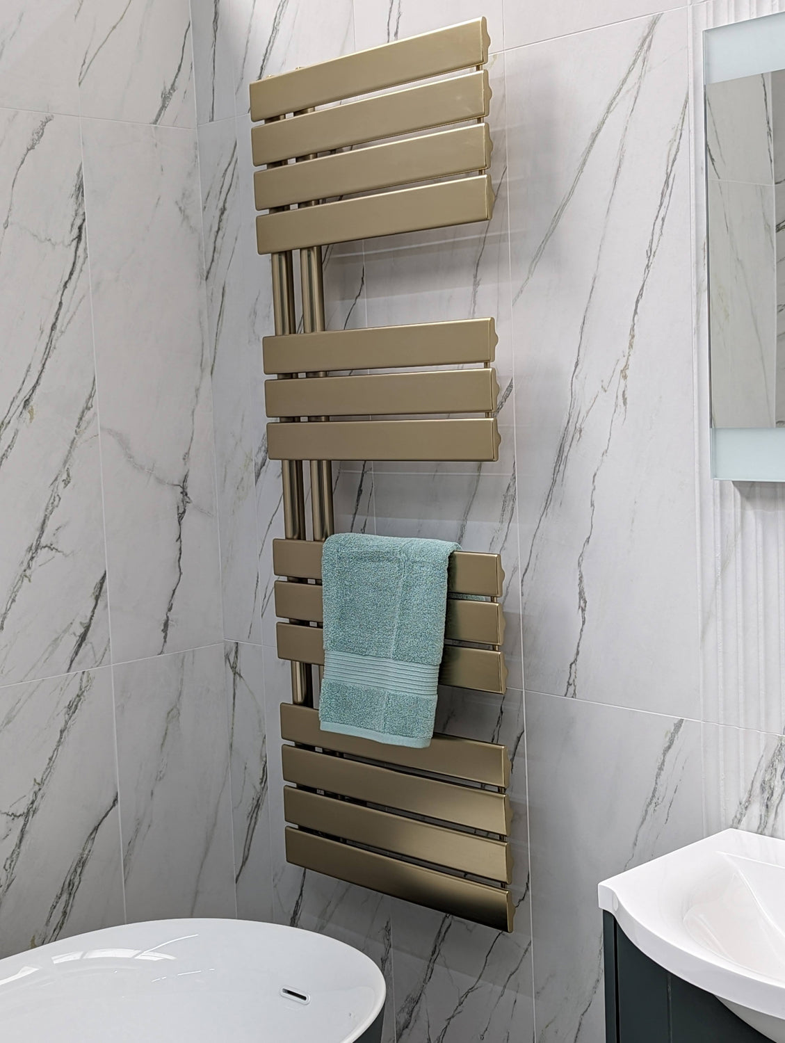 Alpha Brushed Gold Heated Towel Rail - 1080x550mm