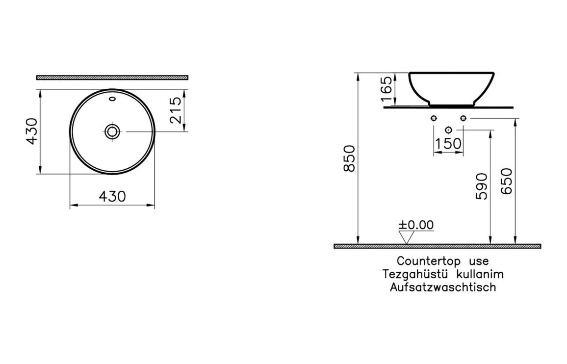 VitrA Options 430x430mm 0TH Basin w/Overflow - White VTPB0002