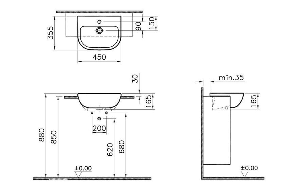 VitrA S20 450x350mm 1TH Semi Recessed Basin - White VTPB1026