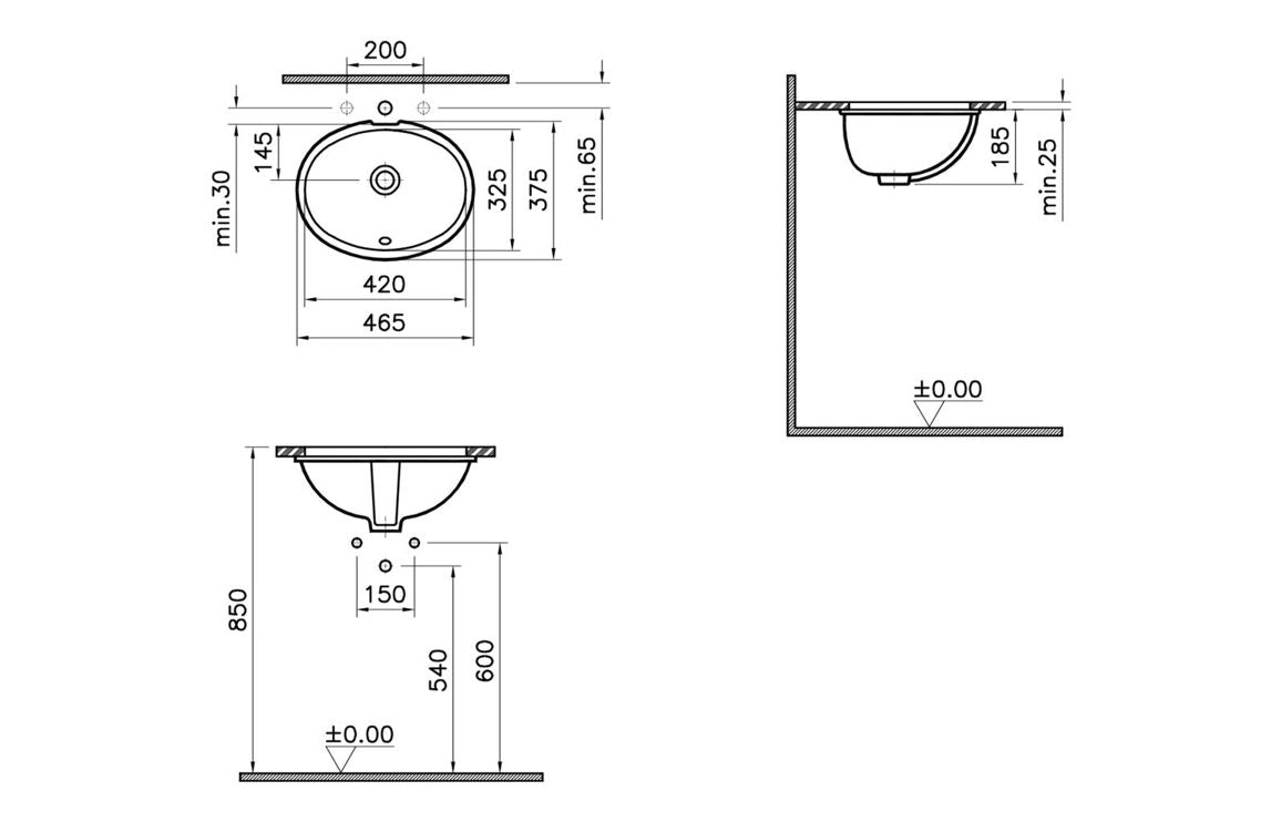 VitrA S20 470x380mm 0TH Undercounter Basin - White VTPB0006