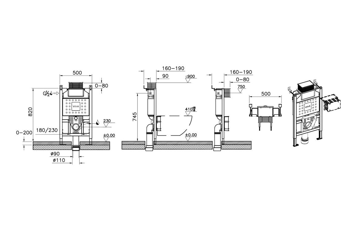 VitrA V-Fix Prime Reduced Height (82cm) WH WC Frame & 3/6L Cistern (Floor/Wall Fix) VTWP0042