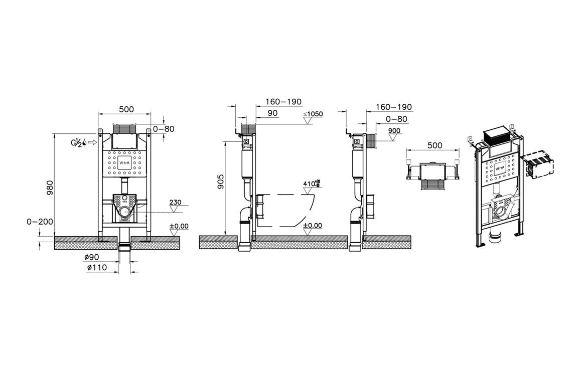 VitrA V-Fix Prime Reduced Height (98cm) WH WC Frame & 3/6L Cistern (Floor/Wall Fix) VTWP0004