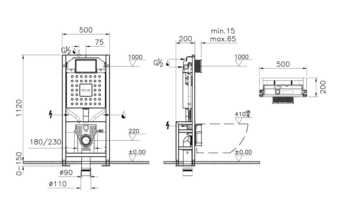 VitrA V-Fix Prime WH WC Frame & 12cm 3/6L Cistern (Floor Fix, Electric & Water Connection) VTWP0016