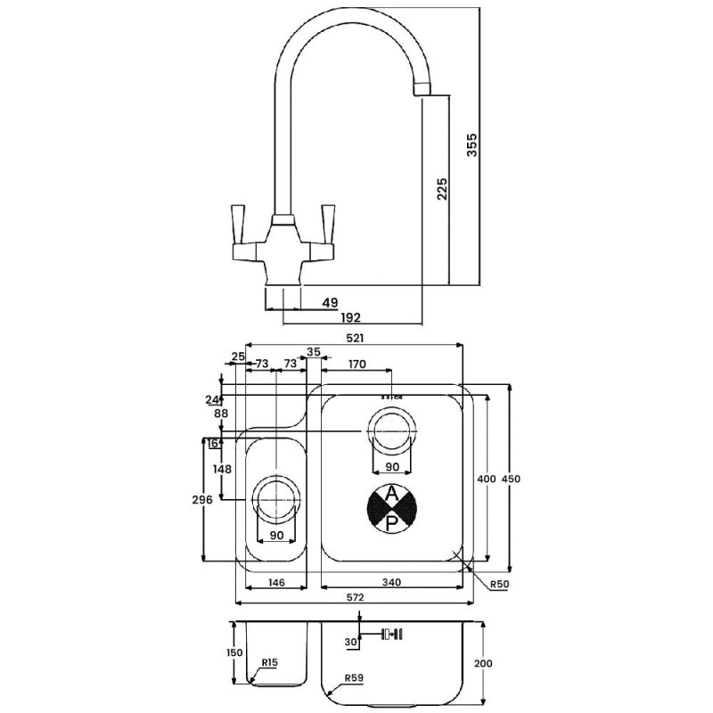 Abode Matrix 1.5 RH Bowl Undermount Kitchen Sink with Astral Sink Tap 572mm L x 450mm W - Stainless Steel