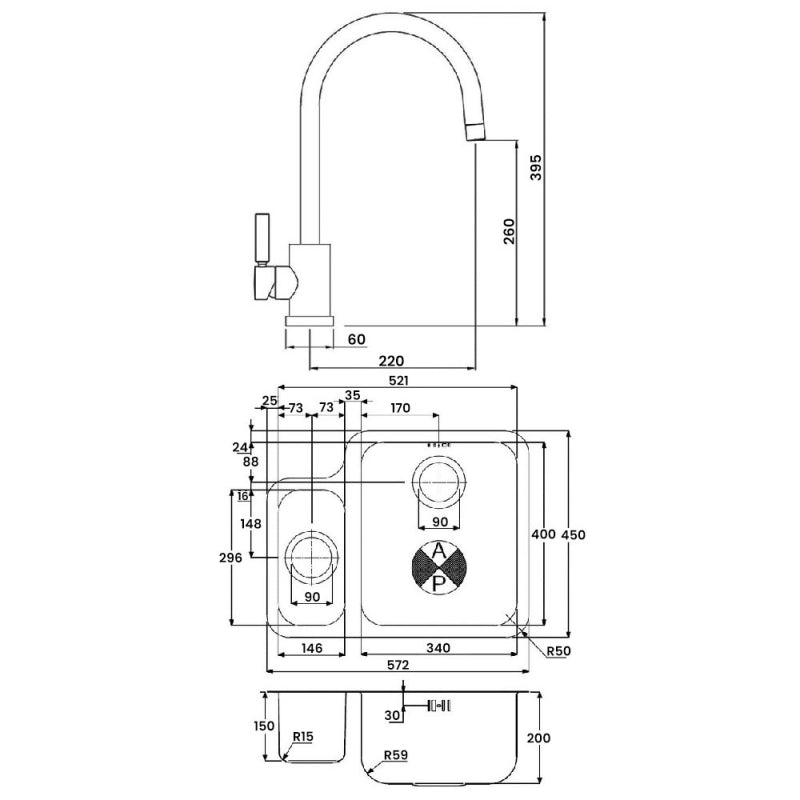 Abode Matrix 1.5 RH Bowl Undermount Kitchen Sink with Atlas Sink Tap 572mm L x 450mm W - Stainless Steel