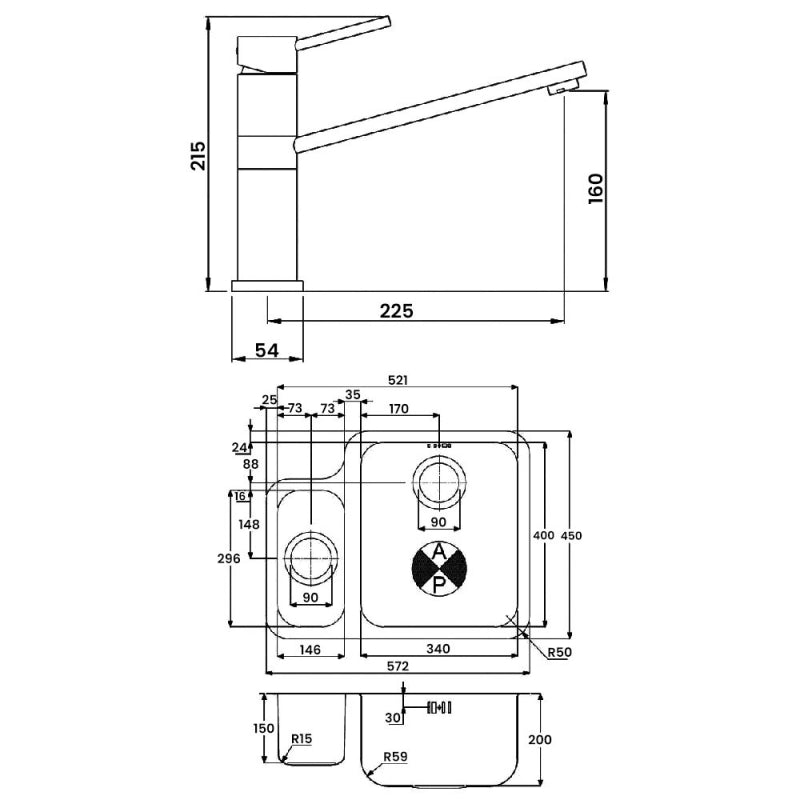Abode Matrix 1.5 RH Bowl Undermount Kitchen Sink with Specto Sink Tap 572mm L x 450mm W - Stainless Steel