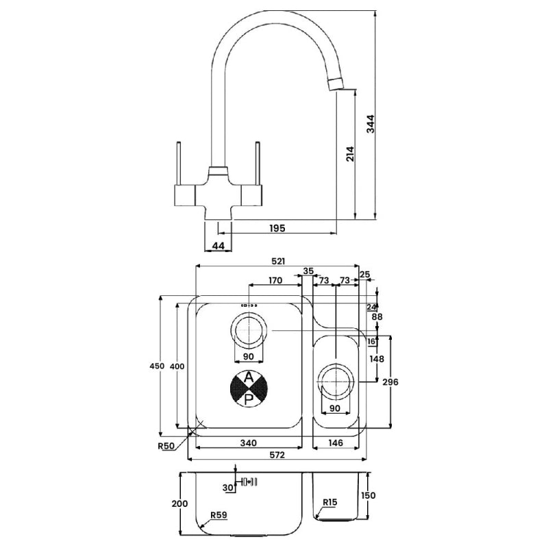 Abode Matrix 1.5 LH Bowl Undermount Kitchen Sink with Nexa Sink Tap 572mm L x 450mm W - Stainless Steel