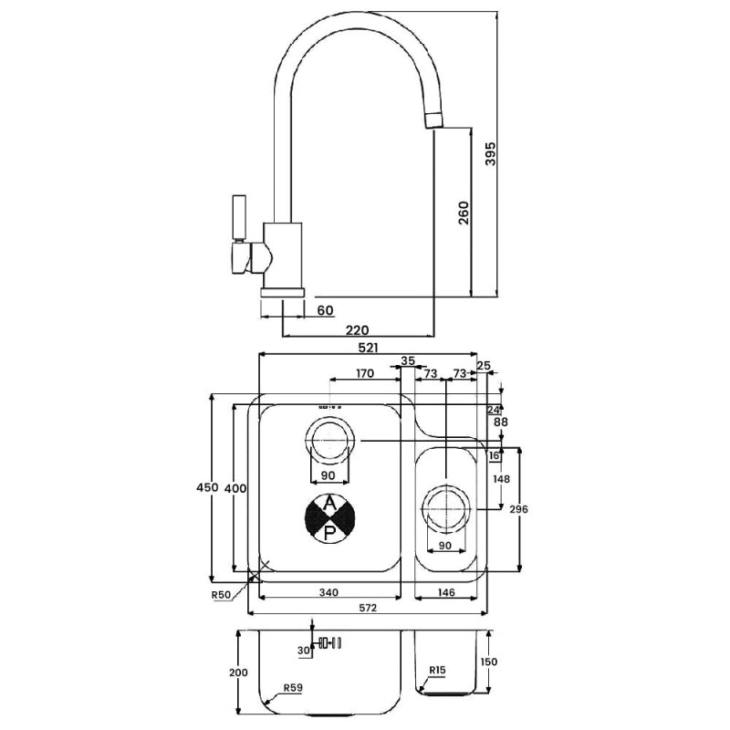 Abode Matrix 1.5 LH Bowl Undermount Kitchen Sink with Atlas Sink Tap 572mm L x 450mm W - Stainless Steel