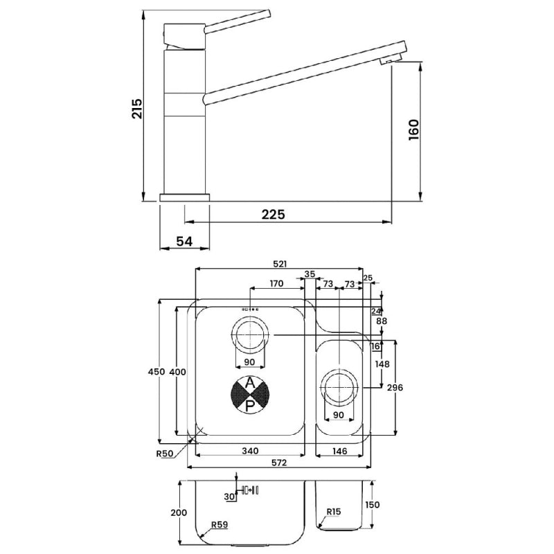 Abode Matrix 1.5 LH Bowl Undermount Kitchen Sink with Specto Sink Tap 572mm L x 450mm W - Stainless Steel