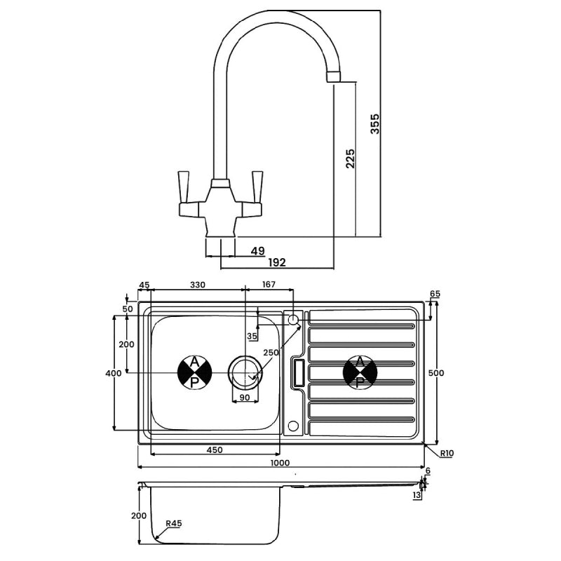 Abode Neron 1.0 Bowl Inset Kitchen Sink with Astral Sink Tap 1000mm L x 500mm W - Stainless Steel