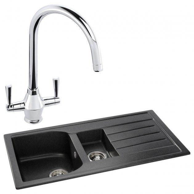 Abode Oriel 1.5 Bowl Granite Inset Kitchen Sink with Astral Sink Tap 950mm L x 480mm W - Black