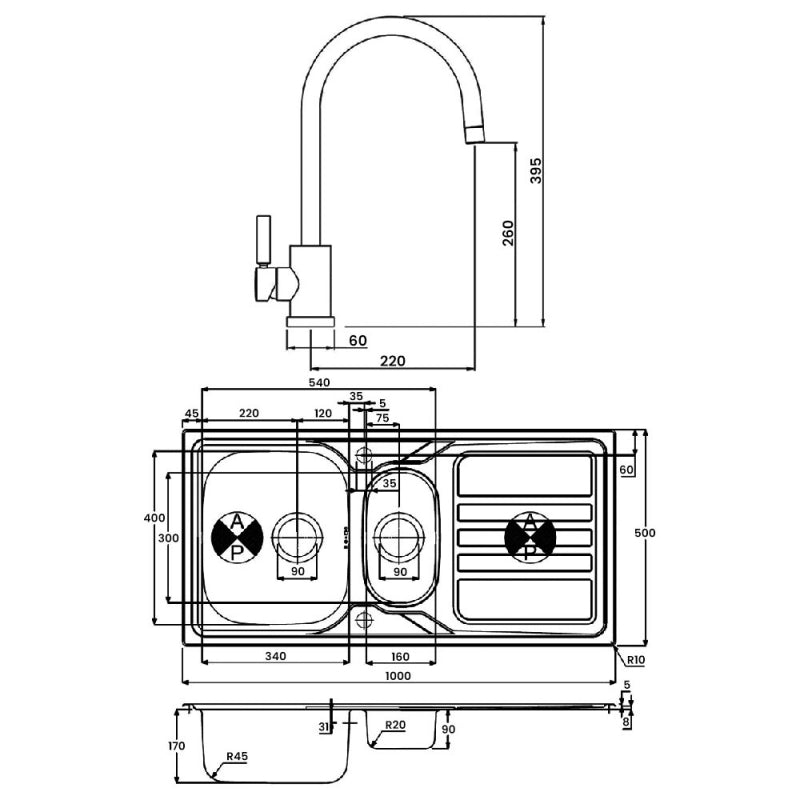 Abode Trydent 1.5 Bowl Inset Kitchen Sink with Atlas Sink Tap 1000mm L x 500mm W - Stainless Steel