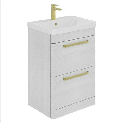 Elsa 600mm Floor Standing Vanity Unit & Basin in Textured White with Brushed Gold Handles