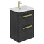 Elsa 500mm Floor Standing Vanity Unit & Basin in Textured Black with Brushed Gold Handles