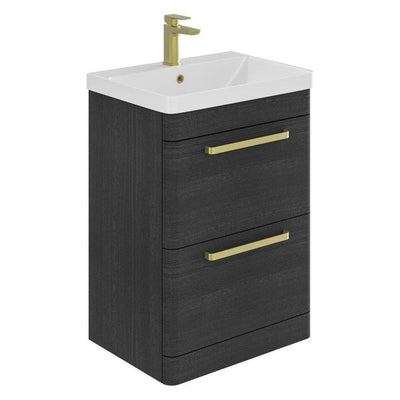 Elsa 500mm Floor Standing Vanity Unit & Basin in Textured Black with Brushed Gold Handles