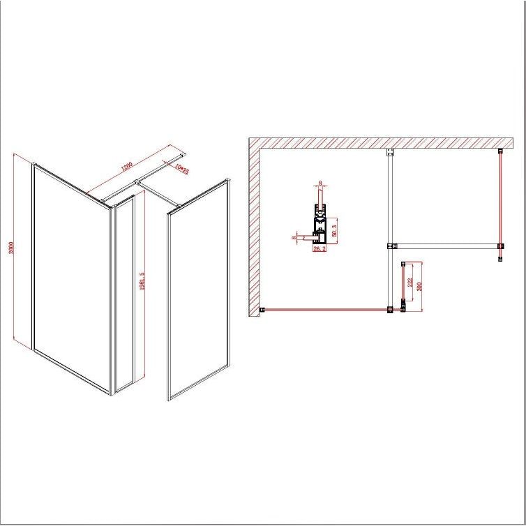 Hopper Black Fluted Glass Frame Shower Screen 1080mm & 300mm Single Frame Return Panel N23