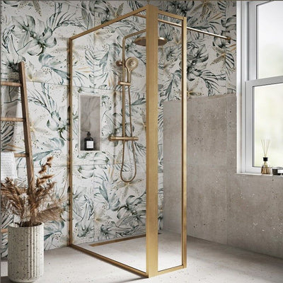 Hopper Brushed Gold Clear Glass Shower Screen 1180mm inc 300mm Single Frame Return Panel N23