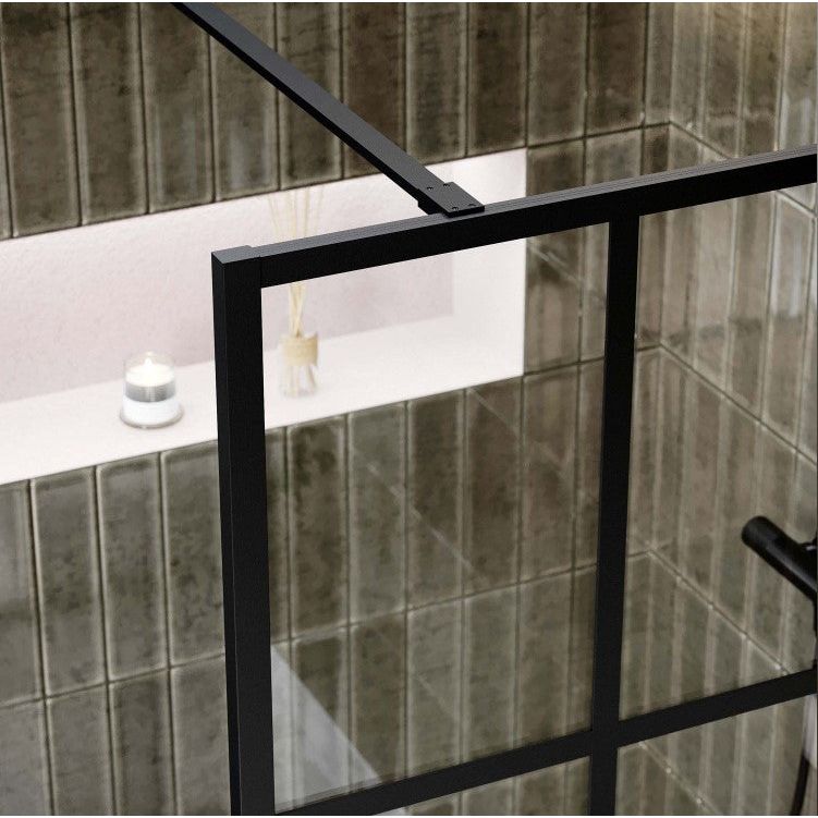 Hopper 980mm Black Grid Frame Crittall Shower Screen & 300mm Return Panel N23