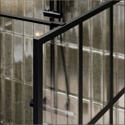 Hopper 980mm Black Grid Frame Crittall Shower Screen & 300mm Return Panel N23