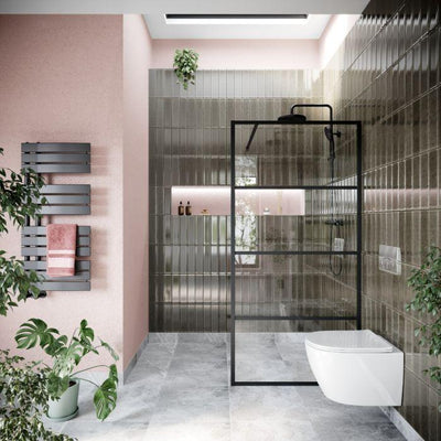 Hopper 980mm Black Horizontal Frame Crittall Shower Screen & 300mm Return Panel N23
